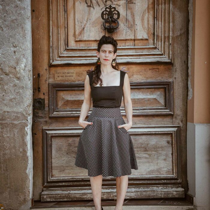 FONZY : Jupe Pin-Up taille haute noire à pois 100% coton oeko-tex