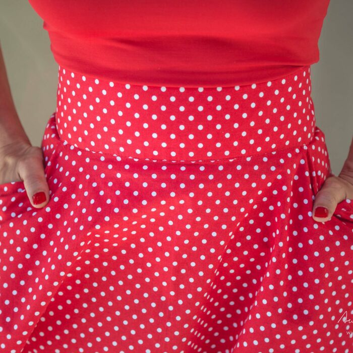 FONZY : jupe taille haute rouge à pois blanc en coton oeko-tex